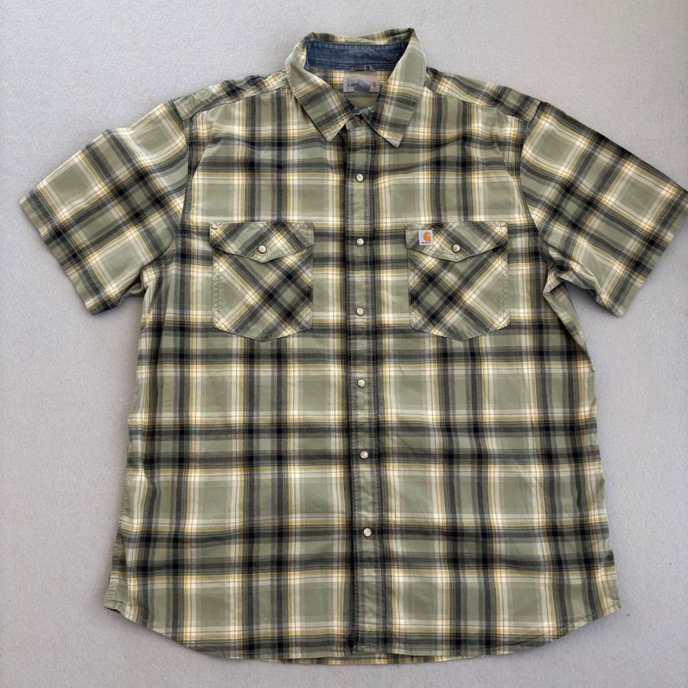 Carhartt Mens XL Sage Green Plaid Short Sleeve Snap Button Work Shirt 103552 372
